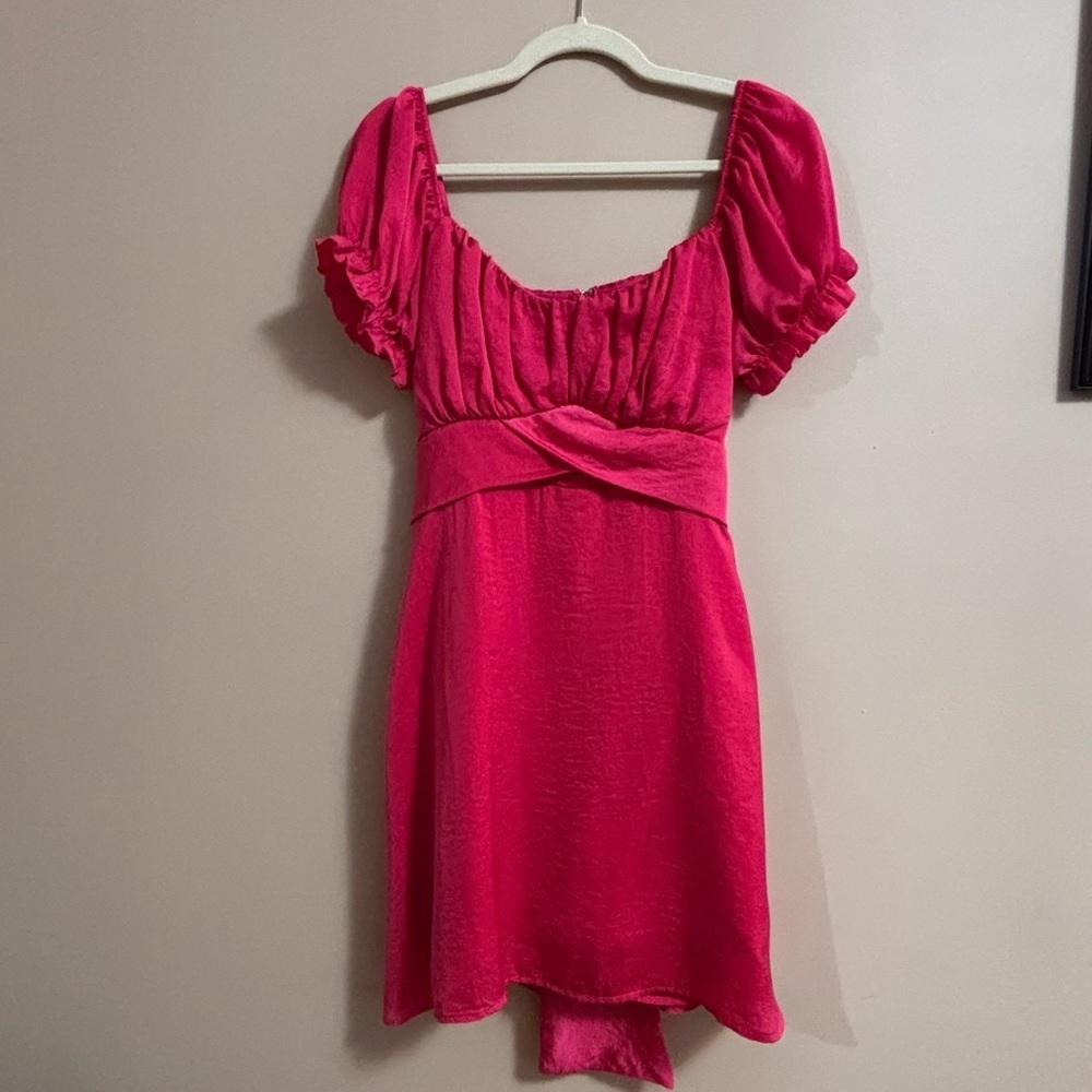 🥰2/$20 Streetwear Society XL Fuschia Pink Empire 80s Puff Sleeve Satin Dress - Picture 3 of 12